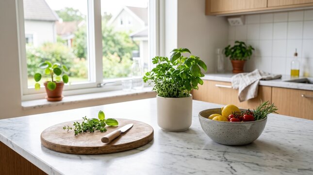 Fresh herbs and vegetables on marble kitchen counter with potted basil plant, healthy organic cooking ingredients preparation in bright modern home interior with natural window light