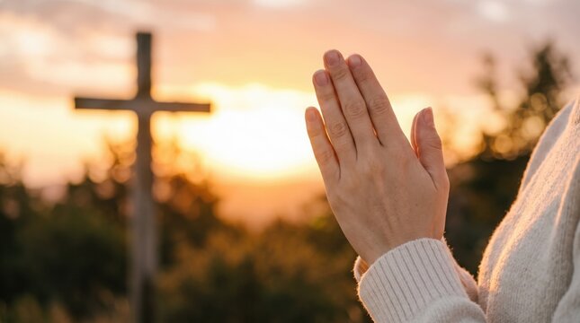Close-Up Praying Hands Wrapped in a Cozy Sweater at Golden Hour