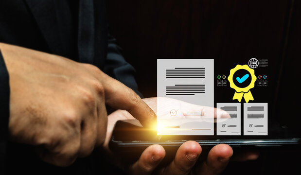 quality certification and digital checkmarks, representing compliance, quality assurance, business standards, document verification, auditing, and process management
