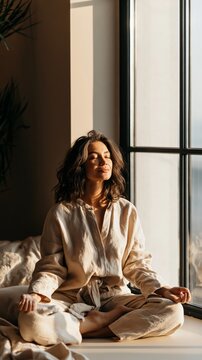 woman meditating in minimalist room