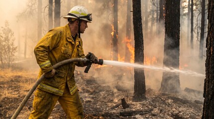 Fototapeta premium Firefighter Spraying Water on Wildfire in Burning Forest