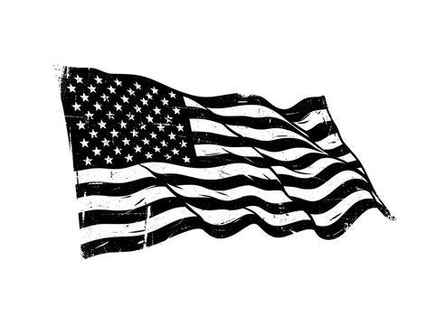 Vintage American flag vector, distressed black and white waving USA flag, rustic patriotic banner with grunge texture