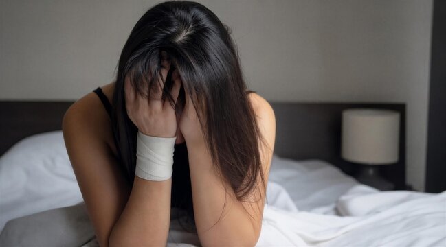 Distressed Woman with Bandaged Wrist Sitting on Bed