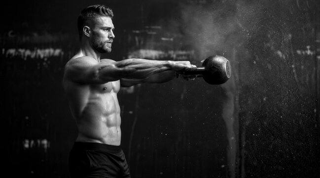 Muscular Man Performing Kettlebell Swing in Dark Gym