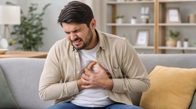 Man Clutching Chest in Pain Sitting on Sofa at Home