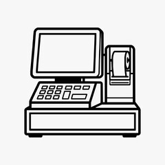 Fototapeta premium Corporate Point of Sale System with Monitor Keypad and Cash Drawer in Monochrome Line Art with high quality professional line art symbols for modern creative design and digital branding projects