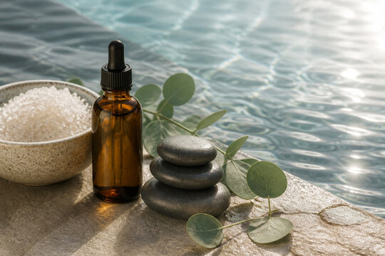 Amber wellness bottle bath salts and spa stones beside rippling water