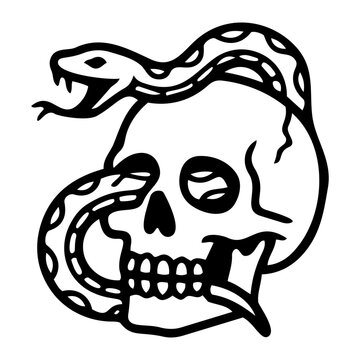 Coiled snake wrapped around a human skull representing a macabre and chilling Halloween symbol icon flat style