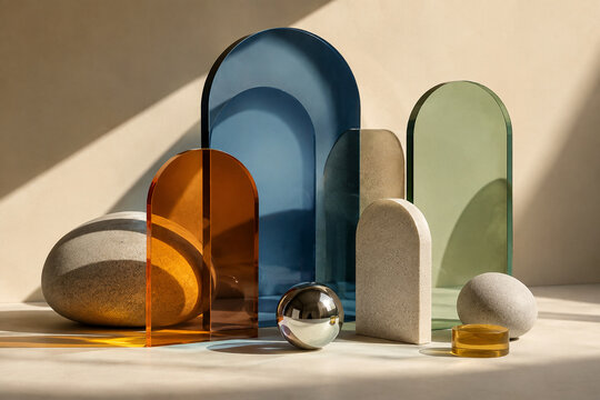 Abstract translucent glass arches with stone and chrome sphere