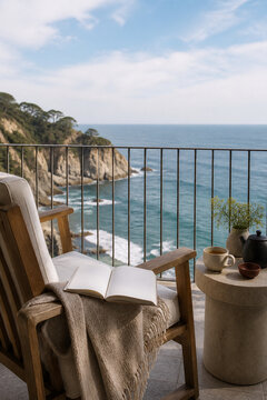 Peaceful coastal reading balcony with blank book and ocean view