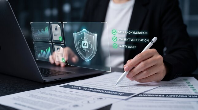 ai data privacy. automated data anonymization and security audit checklist. gdpr compliance shield. executive reviewing encrypted documents on laptop.

