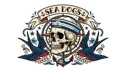 Fototapeta premium Sailor Skull Tattoo Design with Swallows, Compass, and Nautical Elements