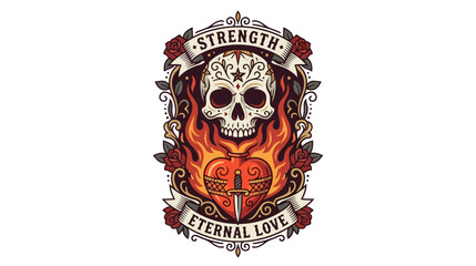 Fototapeta premium Sugar Skull with Flaming Heart, Roses, and Sword - Day of the Dead Art