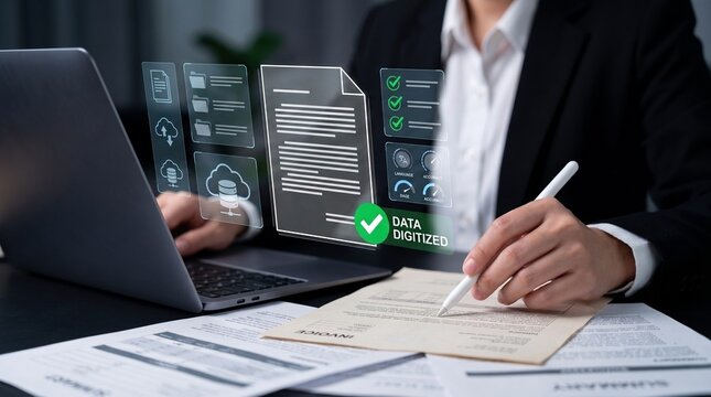 smart invoice digitization. automated ocr extraction and validation. cloud document repository. professional managing digital records on laptop.


