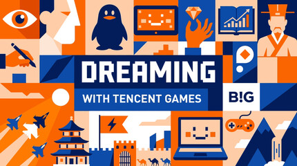 Naklejka premium Abstract Flat Design Collage Illustrating Digital Imagination Dreams and Global Cultural Exploration through Technology and Gaming