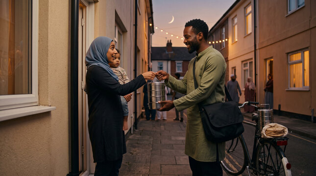 Man handing groceries to needy woman at doorway, community aid and neighborly support in hardship 