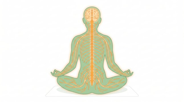 Illustration of human nervous system inside meditating figure in lotus pose, showing brain, spinal cord and nerves, representing mindfulness, yoga and holistic health.