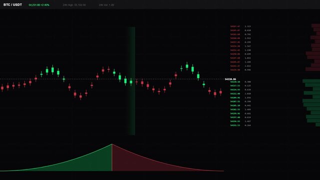 Financial candlestick trading chart with green and red indicators and market depth data for investment analysis on a dark interface