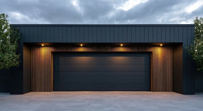 Modern garage with wood accents and dramatic uplighting