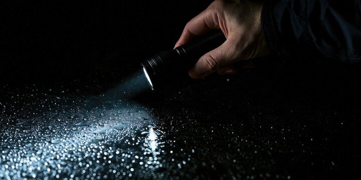 Hand shines flashlight on wet, dark surface, illuminating scattered droplets
