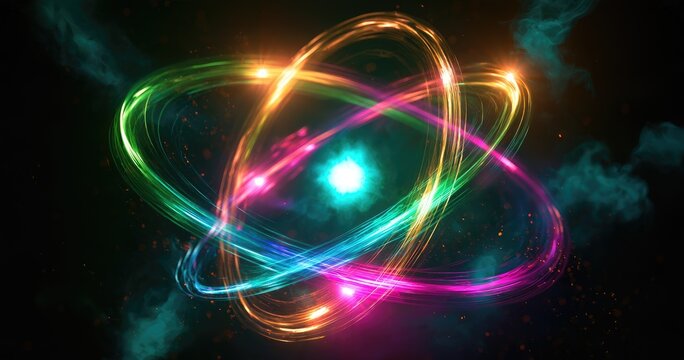 Colorful atom model with glowing nucleus and orbiting electrons