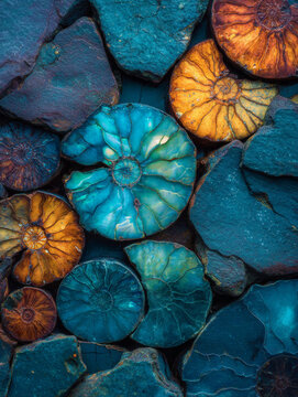 Ammonite Fossils Among Blue and Orange Rocks
