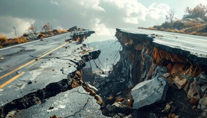 Obraz premium Severely cracked asphalt road after powerful earthquake disaster.