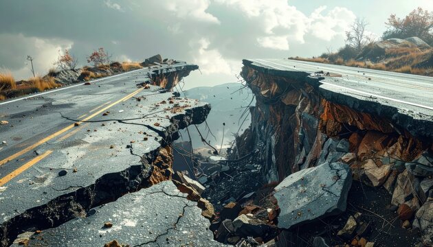 Severely cracked asphalt road after powerful earthquake disaster.