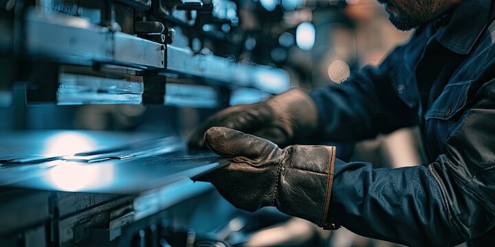 Skilled worker shapes metal with gloved hands on industrial machinery