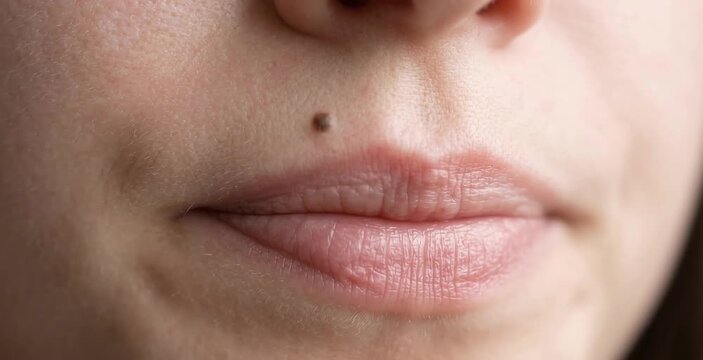Macro Close Up of Woman Lips Smiling with Natural Beauty Mark and Clean Skin