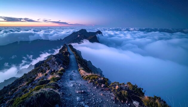 Rugged mountain peak above a thick sea of clouds.
