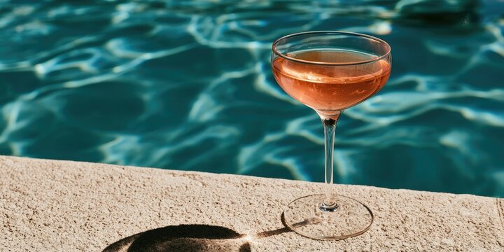 A pink beverage in a coupe glass sits on a poolside ledge