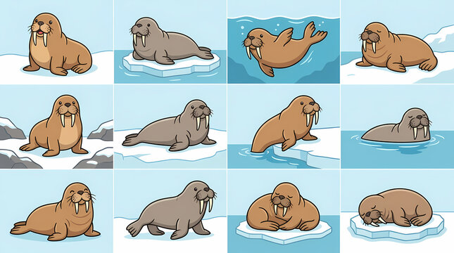 Cute walrus cartoon character set in various arctic poses
