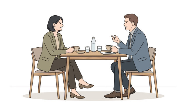 Two business professionals having a meeting in a cafe, collaborative corporate discussion concept illustration