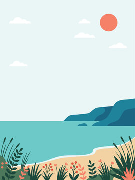 Flat illustration of a serene summer coastal landscape with ocean view and beach plants