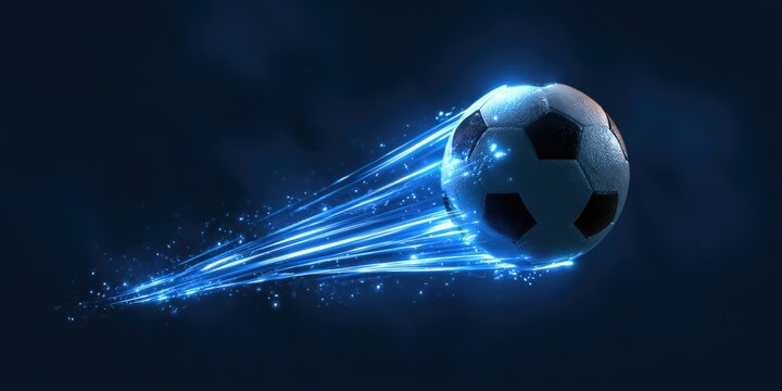 A soccer ball streaks through the dark with glowing blue energy trails