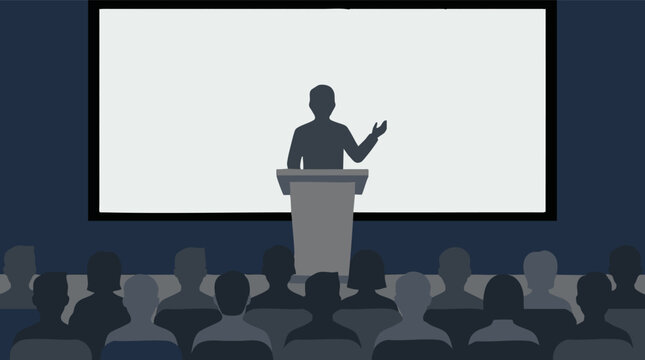 Speaker delivering presentation to audience silhouettes at a conference