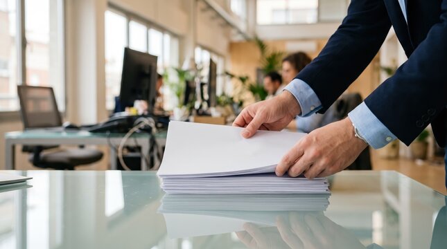 Close up of businessman hands organizing stack of paper documents on glass desk in modern office, corporate workspace with computers and colleagues working in background.