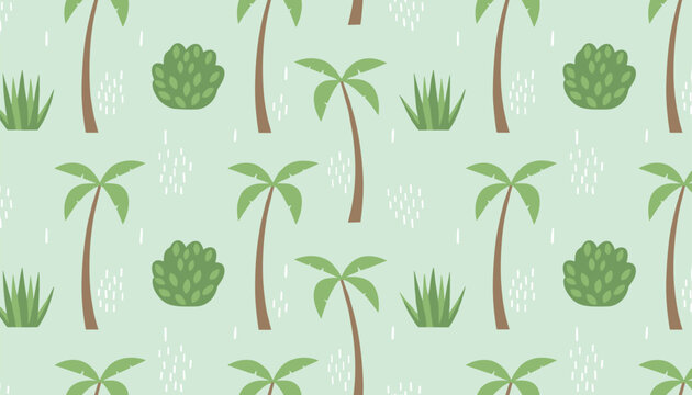 Cute seamless tropical pattern showcasing minimalist hand drawn palm trees, bushes, and agaves on a pale green background.
