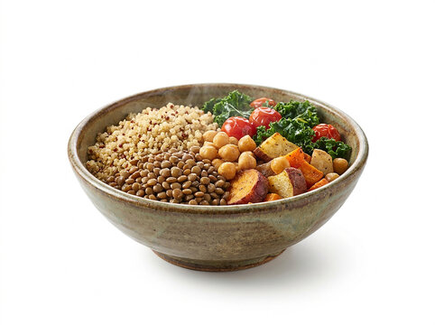 Healthy Buddha bowl JPG vector illustration featuring grains, lentils, chickpeas, roasted sweet potatoes, and fresh vegetables in a ceramic dish.