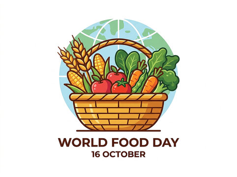 World Food Day JPG vector illustration featuring a woven harvest basket full of fresh organic vegetables, wheat ears, and a globe background.