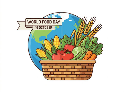 World Food Day JPG vector illustration featuring a harvest basket full of fresh vegetables, wheat ears, and a globe background for October events.