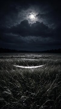 Cinematic surreal moonlit grassland night landscape beneath dramatic storm cloud, nature timelapse background with luminous moonlight, windswept meadow, layered clouds, silver highlights