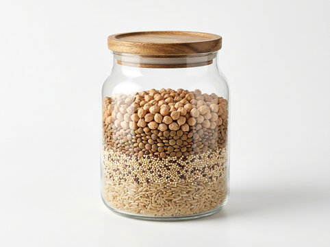 Glass storage jar JPG vector illustration featuring layered organic grains, lentils, and chickpeas with a wooden lid for healthy kitchen pantry concepts.