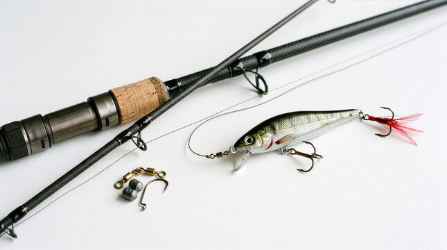 Fishing equipment with rod lure and hooks on white background