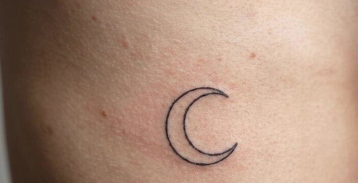 Close Up of Minimalist Fine Line Crescent Moon Outline Tattoo on Woman Ribcage
