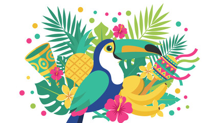 Fototapeta premium Colorful toucan bird surrounded by pineapples, bananas, maracas, and exotic tropical leaves on white background.