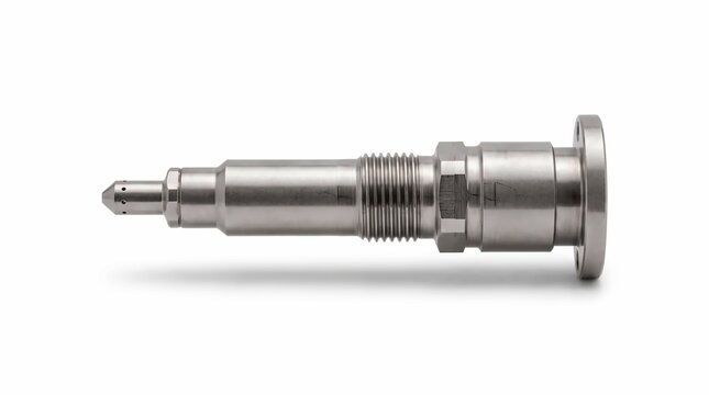 Metallic industrial fuel injector nozzle component featuring precision engineered steel construction for high pressure diesel engine performance and automotive systems