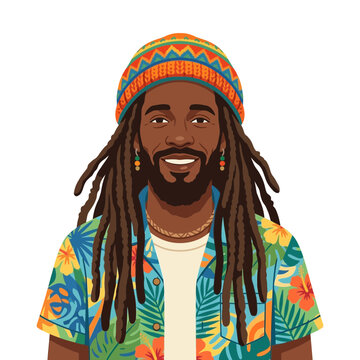 Smiling Black Man with Dreadlocks Wearing Hawaiian Shirt and Beanie