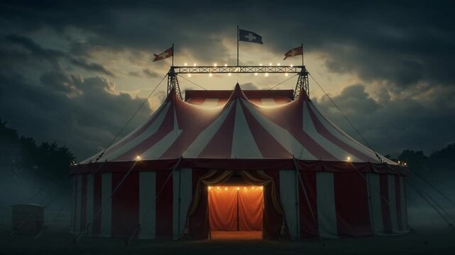 A vintage circus tent under a stormy sky